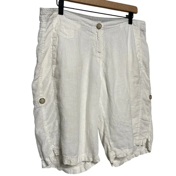 POETRY 100% Linen Lightweight Roll Tab Shorts White Women's Size 12 (36" Waist) - Picture 1 of 9